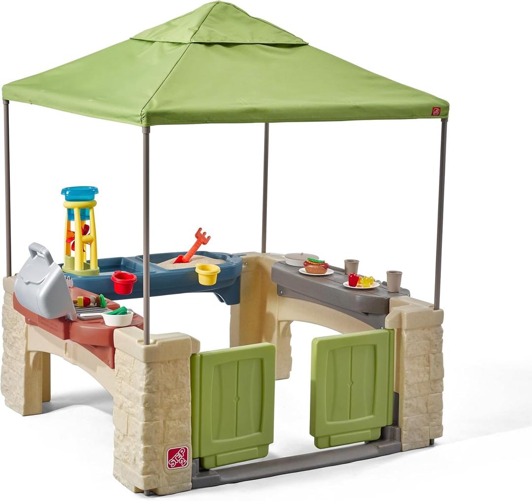 Step2 All Around Playtime Patio with Canopy Playset  Shaded Outdoor Playhouse for Kids with Realistic, Interactive Features, Room for Multiple Toddlers to Play  Dimensions: 60" H x 47.5" W x 47.5" D (Green)