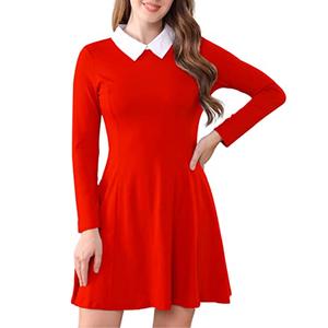Aphratti Women's Long Sleeve Fall Dresses 2025 Casual Peter Pan Collar A Line Fit and Flare Skater Goth Dress Red Small