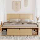 GarveeHome Natural Rattan King Size Bed Frame with Sliding Barn Door Storage Cabinets and Headboard, Boho Farmhouse Wood Platform Bed with Solid Wood Legs Support, No Box Spring Needed