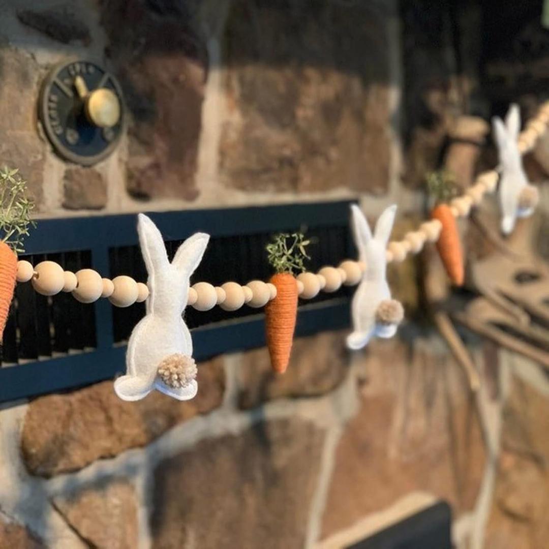 Easter Garland Bunny Carrot Beaded Felt Garland for Mantle Tree Decors Tiered Tray Decorations, 23.6 inch