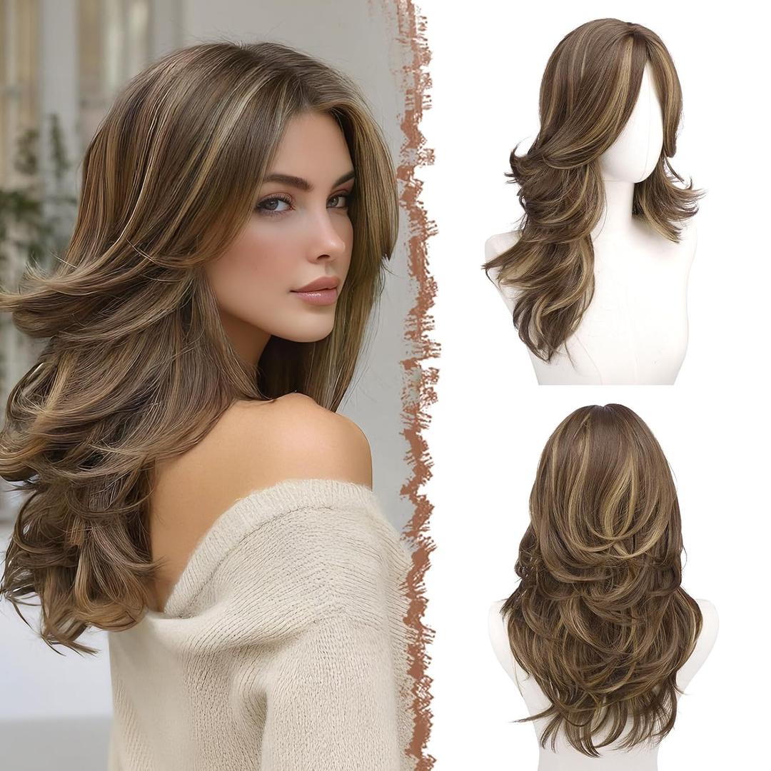 FESHFEN Brown Mixed Blonde Wavy Layered Wig with Curtain Bangs for Women, 20 Inch Long Synthetic Natural Looking Middle Part Hair Wig For Costume Party Daily Use