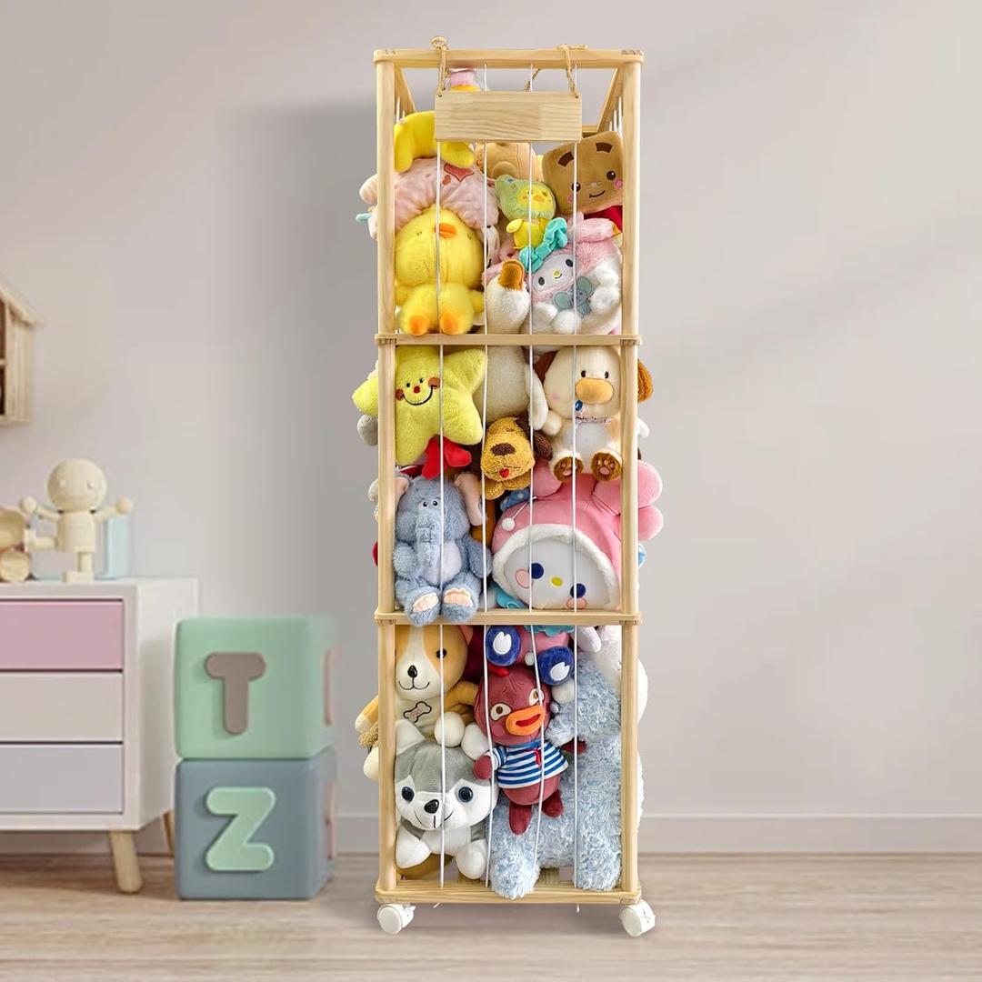 Wooden Stuffed Animal Storage Zoo Stuffed Animal Holder Plushie Storage Space Save Vertical Kids Toy Storage Organizer with Elastic Band for Nursery Playroom Kid room Bedroom
