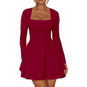 Kaximil Women's Square Neck Ruffle Hem Mini Dress Ruched Waist Long Sleeve Corset Short Party Dresses (Medium, Wine Red)
