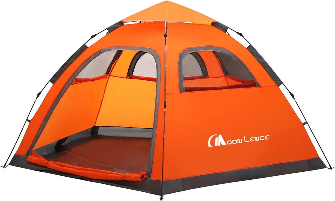 MOON LENCE Pop Up Camping Tent, 3-4 Person Portable Automatic Instant Tent Windproof for Camping, Hiking, Mountaineering (Orange)