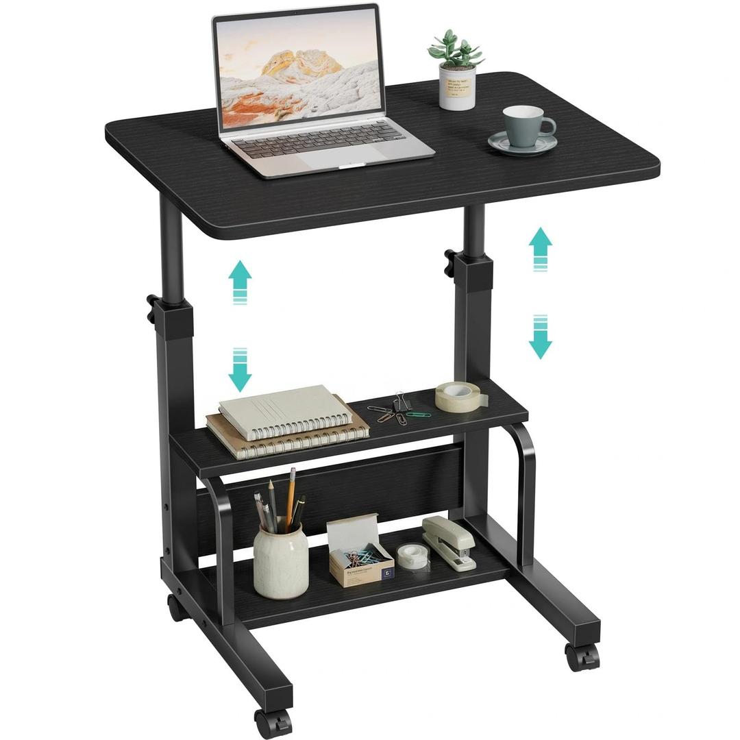 WINAZ Small Rolling Desk for Small Spaces - 24" Portable Desk with Wheels, Height Adjustable C Shaped Side Table Mobile Laptop Desks with 2-Tier Storage Shelves for Bed Sofa, Black