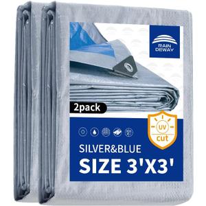 RAINDEWAY Small Tarps Waterproof 3x3 FeetPack of 2 5.5 Mil Thick, Multipurpose Waterproof Poly Tarp CoverCamping Tarpaulin Silver/Blue Tarp Finished Size