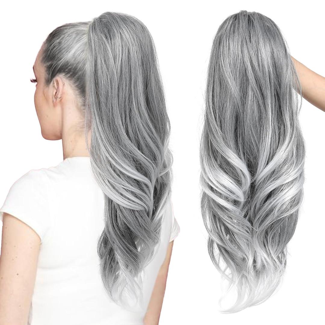 SEIKEA Versatile Drawstring Ponytail Extension, 26" Long Wavy Multi Layered Clip in Ponytail Hair Extensions Stand Up High Fake Pony Tail Soft Natural Synthetic Hairpiece, Silver Grey to White