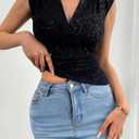 Summer Tops for Women V Neck Going Out Tops Stretchy Sequin Tank Sexy Casual Outfits 2025 Black (X-Large) (Black, XL)