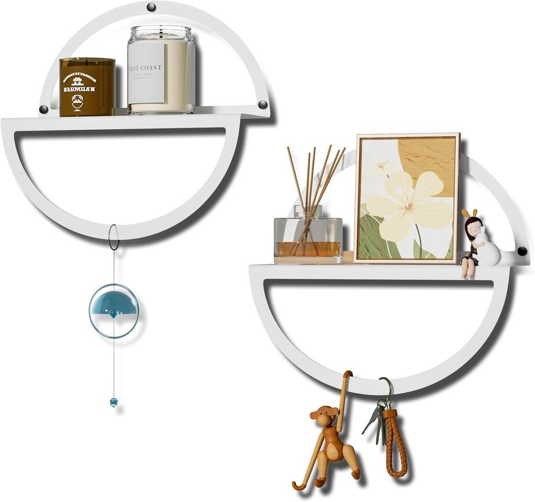 Floating Wall Shelves Set of 2, 11.8 Inch Round Metal Shelves for Wall Decor, One-Tier Small Display Shelf for Bedroom, Living Room, Bathroom, Kitchen Storage & Decoration, White (Medium)