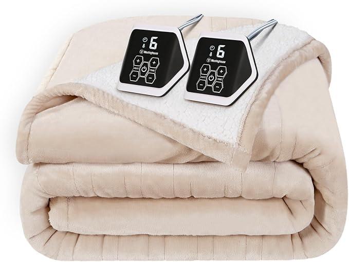 Westinghouse Heated Blanket King Size, Soft Flannel to Sherpa Electric Blanket with 10 Heating Levels, 112 Hours Auto Shut Off, Fast Heating, Machine Washable, 100x90 Inch, Beige