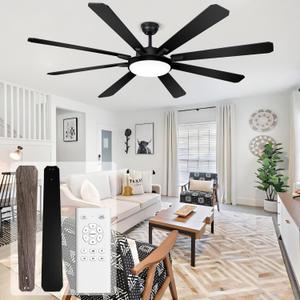 Ohniyou 72" Ceiling Fan with Light and Remote - Large Indoor Outdoor Ceiling Fan, 6 Speeds Reversible DC Motor, 8 Blades Farmhouse Industrial Ceiling Fans for Living Room Patio Bedroom, Black and Wood