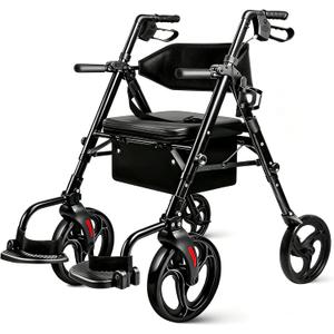 Foldable 2-in-1 Rollator Walker for Seniors with Seat, Lightweight Transport Wheelchair Combo 300 lbs Capacity, All-Terrain Tires, Anti-Tip Brakes, Adjustable Height 33.5"-40"