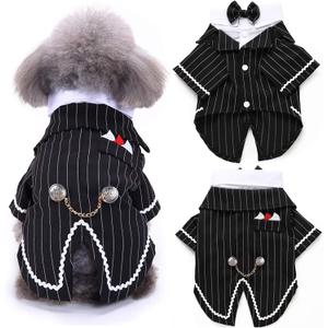 DENTRUN Dog Tuxedo Suit with Bow Tie - Formal Black & White Striped Pet Costume Shirt, Elegant Wedding Outfit Birthday Party Attire for Maltese Dachshund Yorkie Puppies Shih Tzu Small Medium Dogs, M