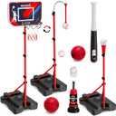 HYES 4 in 1 Kids Basketball Hoop and Tball Set for Toddlers 3-5, Adjustable Hanging Tee Ball Stand with Automatic Baseball Pitching Machine, Indoor Outdoor Sport Toys Birthday for Boys (without scoreboard & LED)