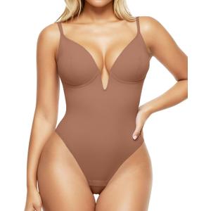 Popilush Shapewear Bodysuits for Women - Tummy Control Body Suits for Womens Deep V Corset Tops Thong Concert Outfits (M(4-6), Light Brown)