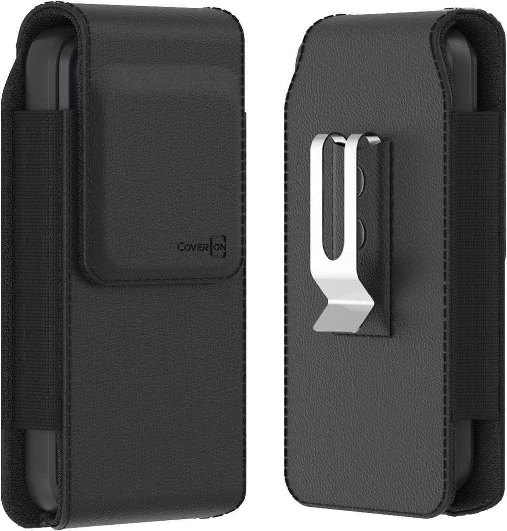 CoverON Holster for Apple iPhone 16 16e Pro/15 15 Pro/14 14 Pro/13 13 Pro/ 12 12 Pro/11 11 Pro/X Xr Xs, Cell Phone Case Belt Clip Carrying Vertical Leather Pouch (Fits with Otterbox or Any Case on)