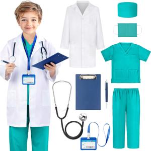 Joycover Doctor Costume for Kids, Kids Scrubs Halloween Costumes For Girls Boys Doctor Dress up Play Kit (L(7-8 Year), Green)
