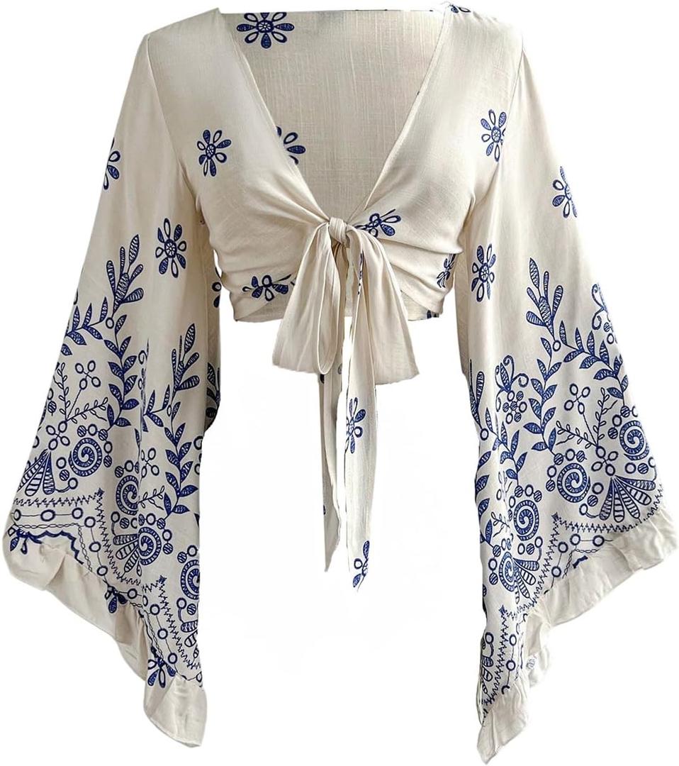 Women's Boho Tops Western Country Concert Outfits Tie Front Long Bell Sleeve Tops 70s Hippie Disco Clothes (Medium, Blue and White)