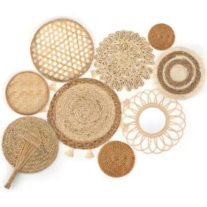 Unittype Set of 9 Wall Basket Decor Boho Hanging Rattan Wall Decor Flat Round Wicker Mirror Woven Macrame Tassels Tapestry Bamboo Basket Handmade Serving Tray Art for Room Bedroom Living Room