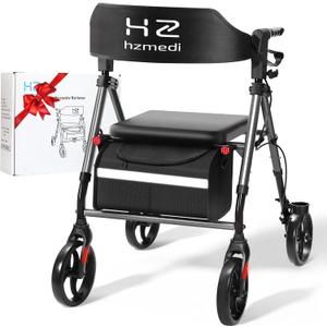 HZ HZMedi Walkers with Seat for Seniors, Foldable Rollator Walker with Seat, Lightweight Rolling Walker, Dual Height Adjustment, Ergonomic Arc Seat & 6.5" Ultra Backrest, 8" Big Wheels for All Terrain