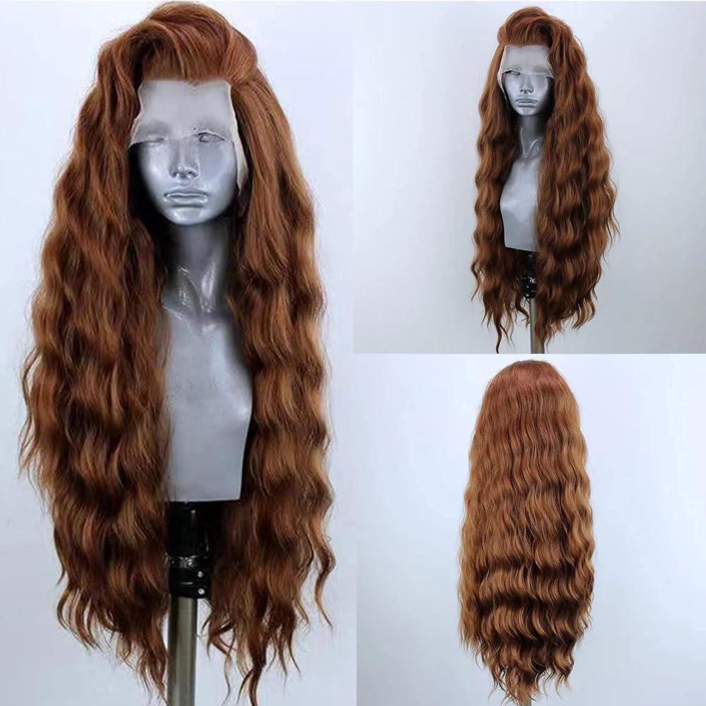ELESTY 13 * 4 Light Brown Hair Long Wavy Synthetic Lace Front Wigs for Women Loose Curly Free Part Glueless Lace Wig Heat Resistant Fiber Hair Water Wave Cosplay Wigs 24Inch (CR3000)