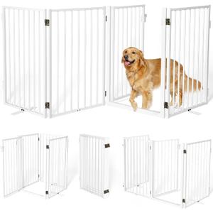 Metal Freestanding Dog Gates with Door for Outdoor Indoor,80'' Extra Wide 24'' Tall Free Standing Dog Gate for Doorways,Large Openings,Deck,Yard,Porch,Foldable Safety Pet Fence(White,4 Panels)