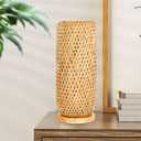 Bamboo Table Lamp, Handmade Boho Wicker Woven Desk Night Light, Rustic Farmhouse Wooden Bedside Nightstand Lighting Fixture for Kids Nursery Room