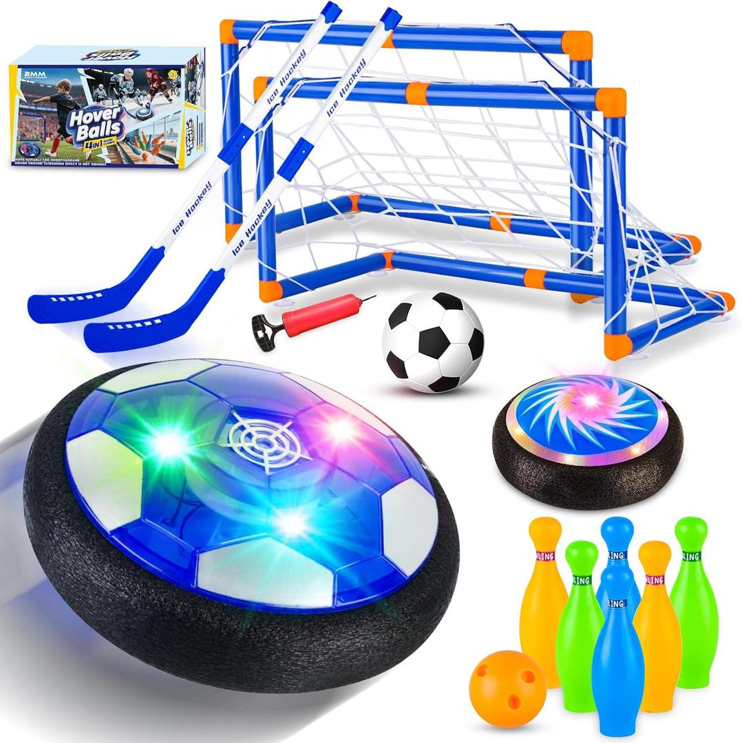 4-in-1 Hover Soccer Ball Hockey & Bowling Set, LED Air Floating Sports Toy for Indoor Outdoor Play for Kids Ages 3-12, Birthday for Boys Girls Toddlers