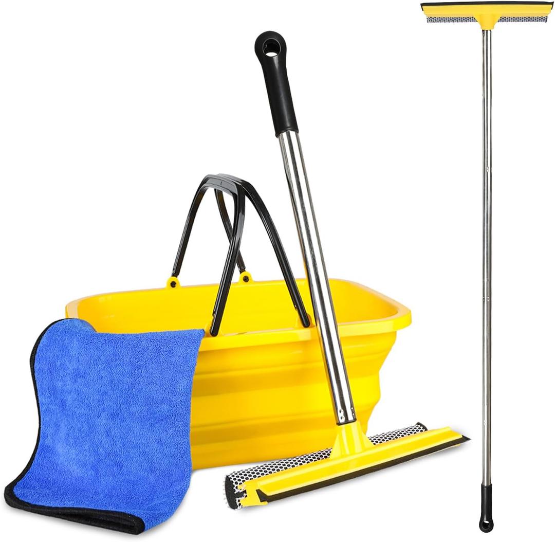 2 in 1 Car Window Squeegee and Collapsible Bucket Set,Long Handle,Yellow