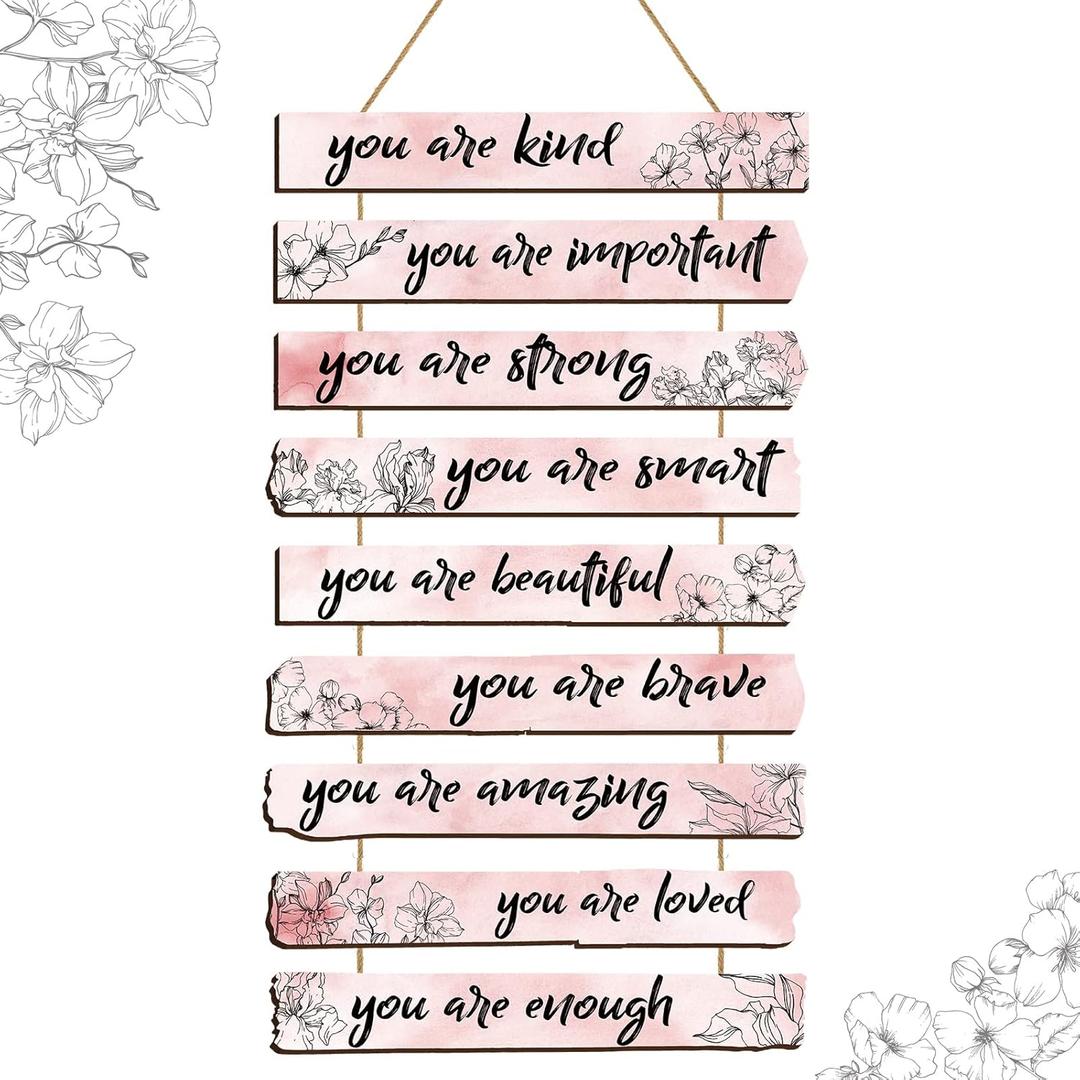 Yookeer One Set of 9 Pieces Inspirational Floral Paris Wall Decors You Are Loved Affirmations Wall Art Wooden Hanging Positive Mental Health Decors for Girls Women Bedroom(Pink)