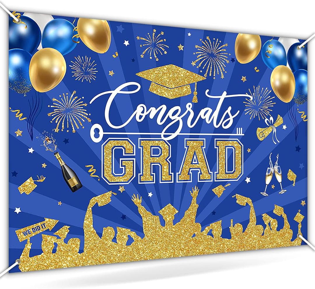 Avezano Blue and Gold Graduation Decoration 2025 Congrats Grad Backdrop for Class of 2025 Congratulate Graduation Party Decorations Banner Prom Photoshoot (Navy Blue, 7x5ft)