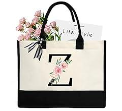 Personalized Gifts for Women - Initial Canvas Tote Bag & Makeup Bag, Custom Bags for Beach, Christmas, Wedding, Birthday, Holiday, Monogram Birthday Gifts for Women, Mom, Wife, Teacher, Friend - Z