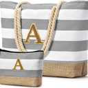 Becokan Beach Bag Initial Beach Tote with Makeup Bag for Travel Work Storage Personalized Birthday Gifts for Women Her (Light Grey)