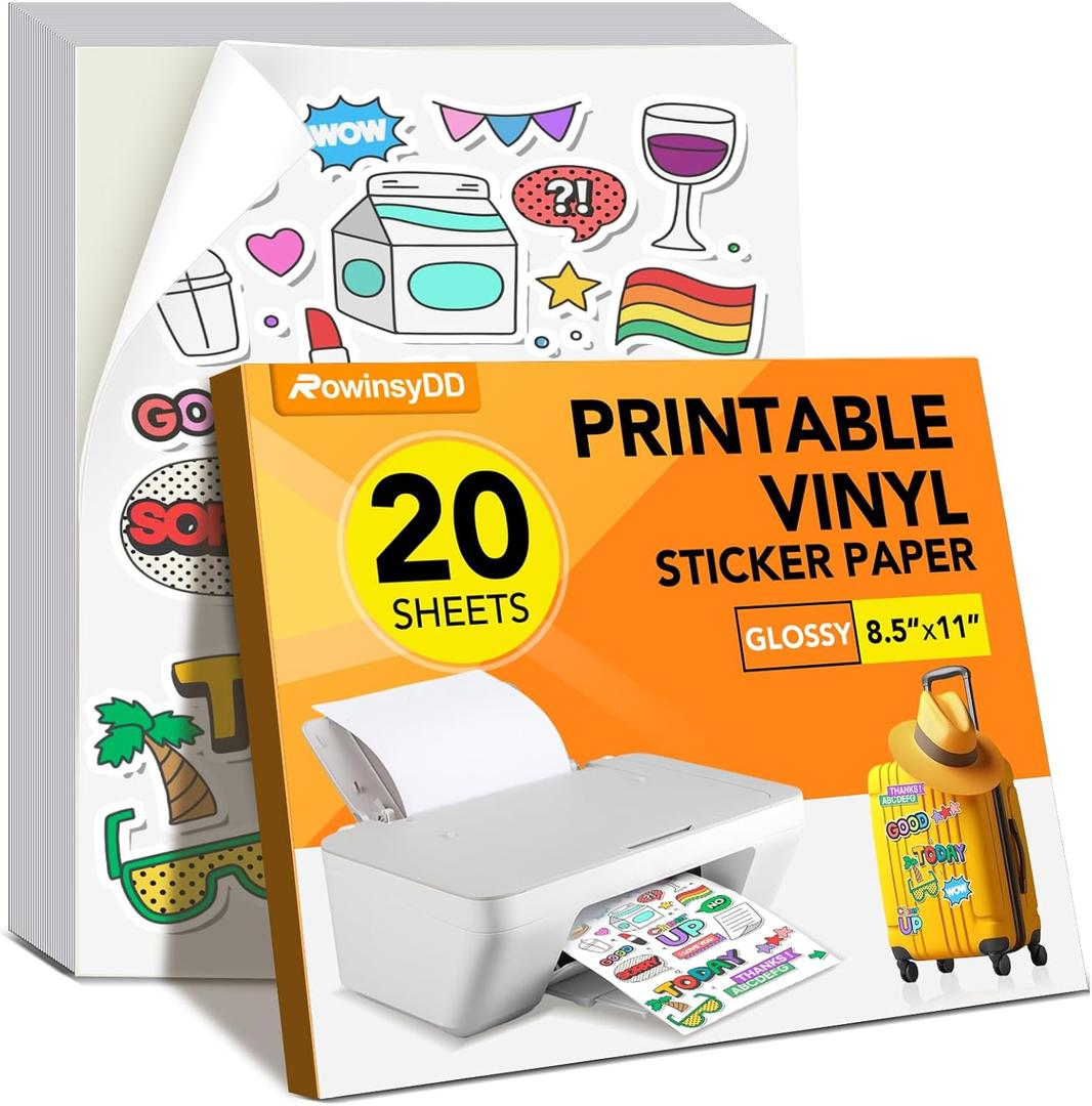 20 PCS Sticker Paper for Inkjet Printer, Printable Vinyl Sticker Paper Dries Quickly Vivid Colors, 8.5"x11" Tear Resistant Printable Vinyl, Glossy White, Inkjet & Laser Printer