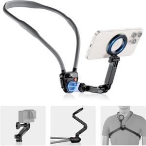 JJC Magnetic Neck Mount for Phone & Action Camera, POV Neck Holder for iPhone Android Phones Gopro Insta360 with Quick Release & Angles Adjustment for Content Creating Cooking Video Filming (Black)