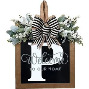 Last Name Year Round Front Door Wreath Front Porch Decoration 26 Letter Welcome Sign with Eucalyptus Garland and Bow Spring Wreaths for Front Door Outside Hanger Garland（P）