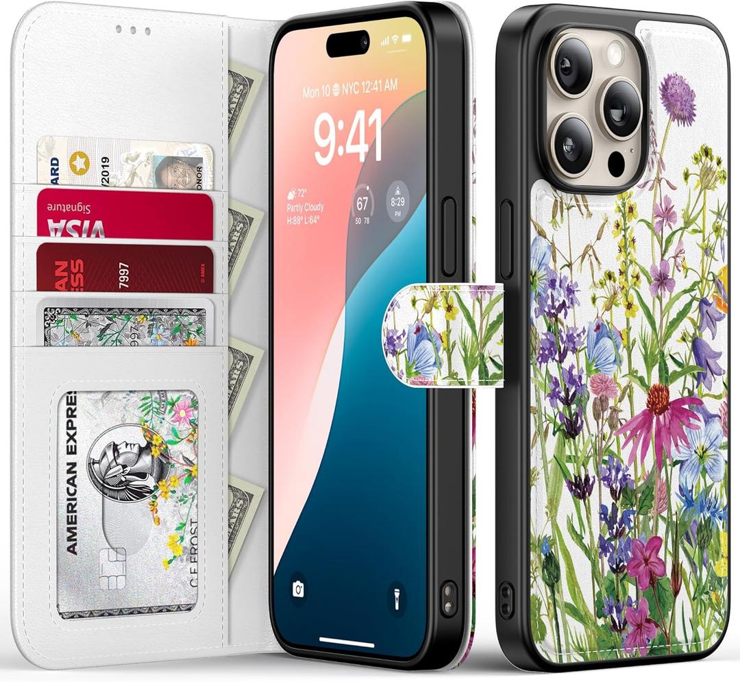 FUNMIKO for iPhone 15 Pro Max Case Wallet,Detachable Flip Folio Leather Cover,RFID Blocking 4 Card Holder,Magnetic Kickstand,Protective Phone Shell for Women Girls,Blooming Wildflowers