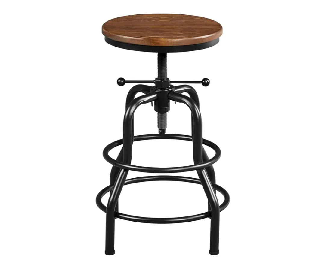 Yaheetech Industrial Bar Stool Vintage Counter Rustic Counter Height Metal Bar Stool Adjustable with Round Wood Seat Kitchen/Dining/Cafe Chair 20-27 Inch Tall, Brown, 1PCS