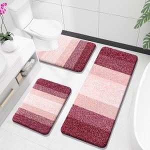 OLANLY Bathroom Rugs Sets 3 Piece, Soft Absorbent Microfiber Bath Mats and U-Shaped Contour Toilet Rug, Plush Shaggy Bath Mat Set for Bathroom (47"x20"+24"x16"+24"x20", Red)