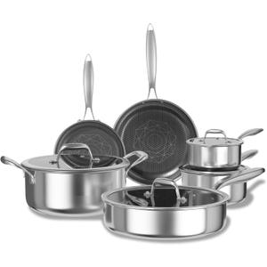 COOKER KING Non Stick Pots and Pans Set, 10pcs Hybrid Stainless Steel Cookware Set, Frying Pans, Saucepans, Saute Pan & Stock Pot, Non Toxic, Oven & Dishwasher Safe, Induction & All Cooktop Compatible
