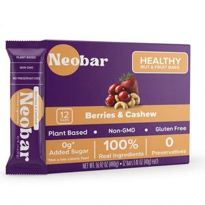 NEOBAR Berries Cashew Fruit and Nut Bars - Plant-Based Vegan Snack Bars, Gluten Free Dairy Free Snacks, No Added Sugar, No Preservatives, Non-GMO | 12 Count (EXP 10/01/26)