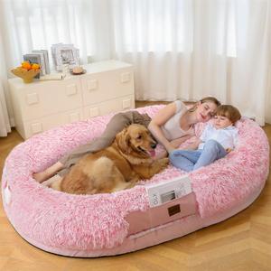 SWITTE Human Dog Bed for Adult, 71"x47"x13" Washable Giant Human Size Dog Bed with Blanket for People Doze Off, Removable Large Beds with Pillow - Pink