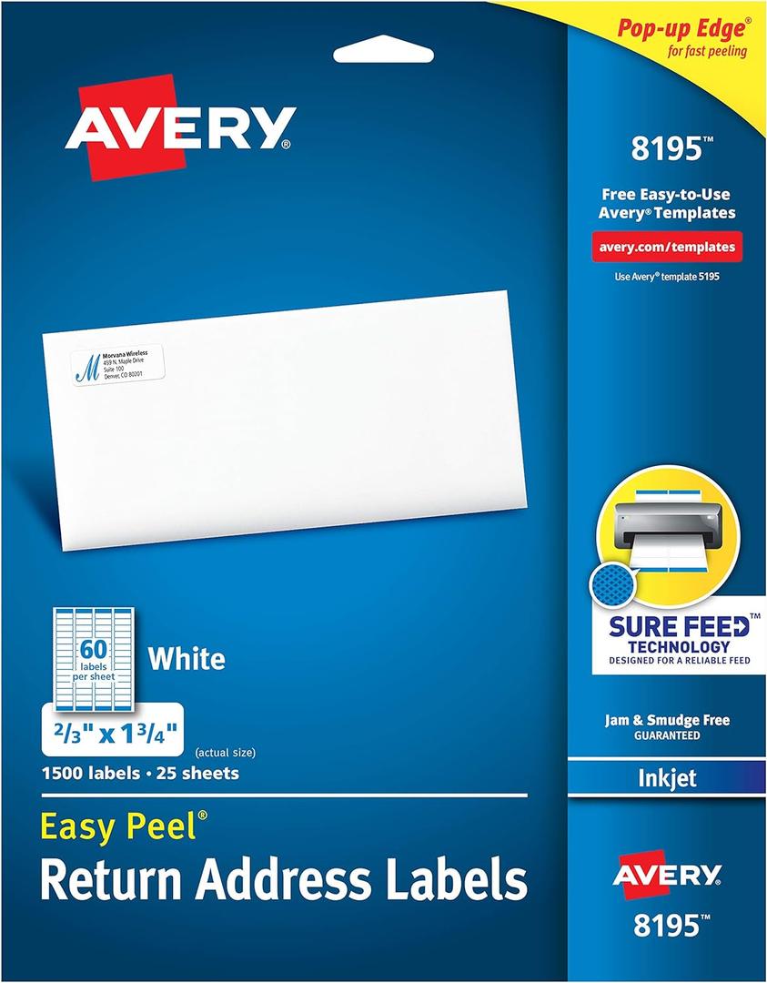 Avery Printable Return Address Labels with Sure Feed, 2/3" x 1-3/4", White, 1,500 Blank Mailing Labels (08195)