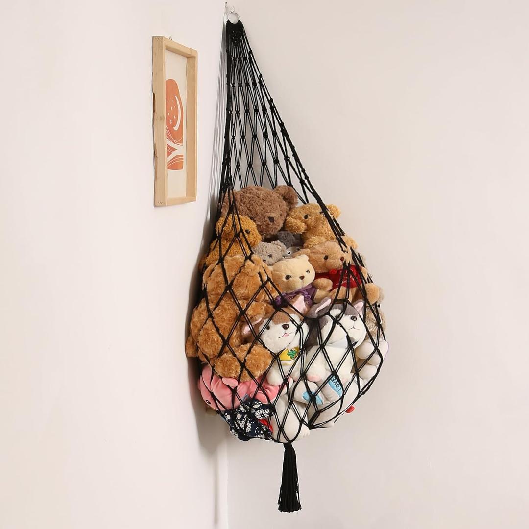 Stuffed Animal Hammock Corner Hanging Net for Stuffy Animal Storage Macrame Toy Display Plushie Toy Holder-Perfect for The Tiny Space Walls, Kid Bedroom Decor Playroom Organizer (Black, XL)