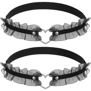 2 PCS Black Heart Thigh Garter Black Lace Garters for Thigh Adjustable Heart Lace Bands Elastic Leg Garters for Women Cosplay Spike Party Music Festival