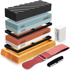 Knife Sharpening Stone Set, Professional Whetstone 4 Side Grit 400/1000 3000/8000, Whetstone Knife Sharpener Stone Set Include Non-slip Base, Leather Strop, Flattening Stone & Angle Guide