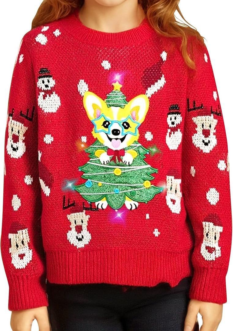 Meland Kids Ugly Christmas Sweater - Light Up Funny Holiday Pullover - Cute Xmas Sweater for Boys & Girls Age 5-16 Year Old (Red, M)