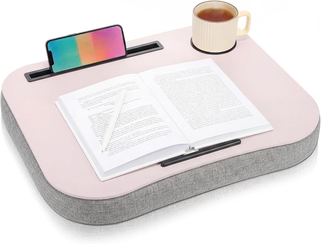 Lewtemi Pink Laptop Lap Desk with Cup Holder and Stopper Padded Phone Holder Couch Bed Sofa Fits up to 15.6 Inch Cushion Portable Lap Desk for Home Office Study Writing