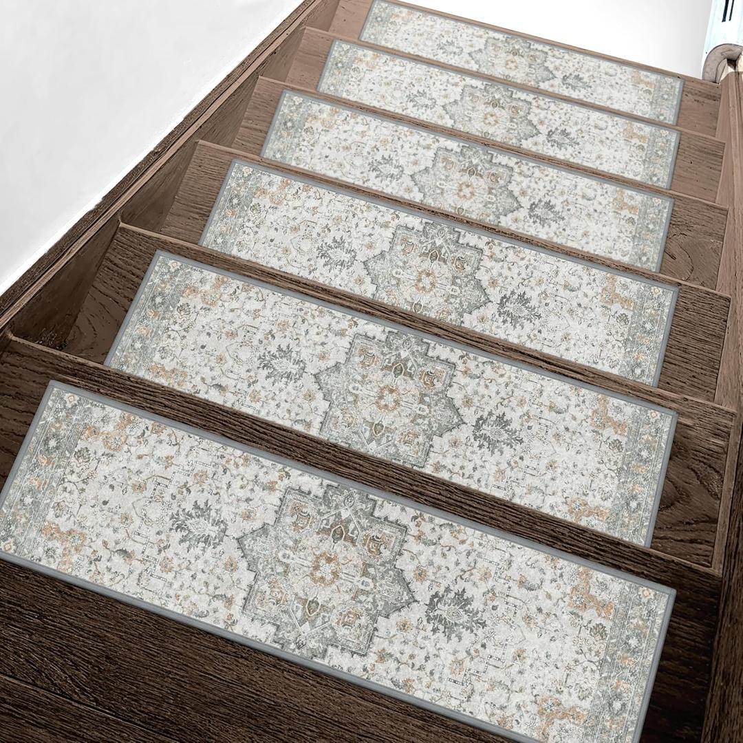 Carpet Stair Treads Non Slip 15PCS, 8" X 30" Edging Stair Runner for Wooden Steps Indoor, Resistant Stair Rugs with Reusable TPE Adhesive Backing, Residue Free Mat for Kids, Elders, Pets, Taupe (Taupe | Non Slip)