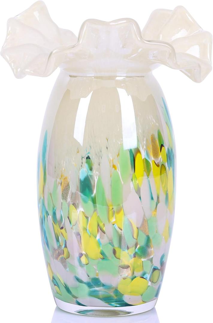 Ruffle vase Hand Blown Glass vase, Glass Art Glass Irregular vase for Dining Table Centerpiece, Home Interior Desk Decoration, Living Room Coffee Table, Wedding Centerpiece Decorative Glass vase. (Green)